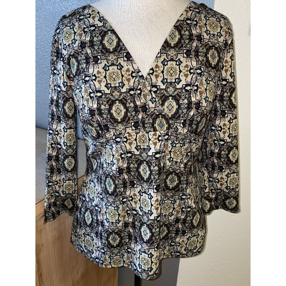 Emma‎ James Blouse Women’s Small V Neck 3/4 Sleeves Geometric Ladies